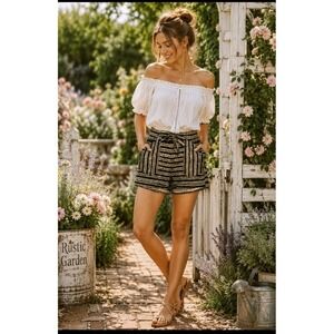 Jolt Juniors M Linen Blend boho y2k Utility Shorts‎ Tie Black and White Striped